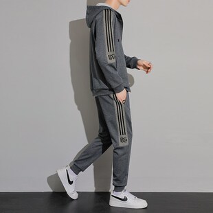 运动套装男春秋季青年新款时尚加肥大码休闲跑步开衫连帽两件套