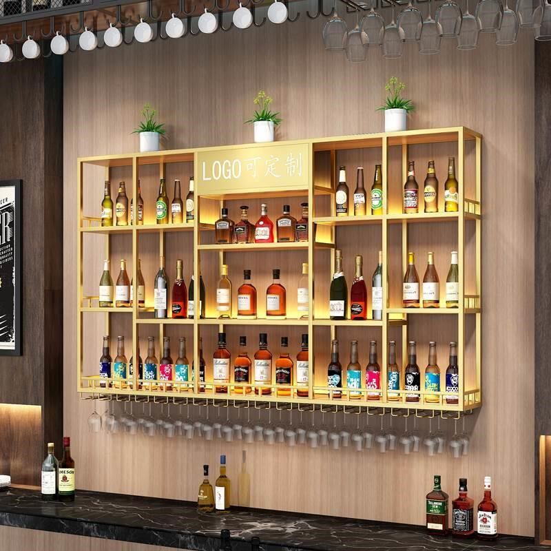 店铺挂墙红酒架子简约吧台壁挂酒柜展示柜铁艺发光酒架置物架定制