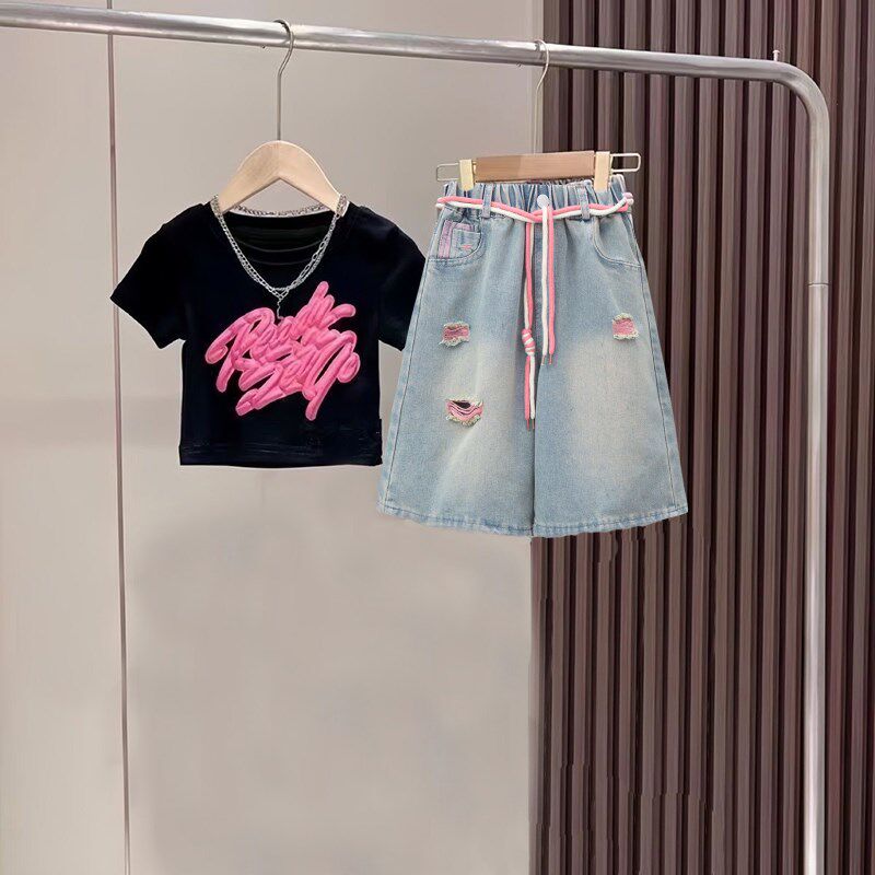现货女童短袖t恤夏装套装儿童衣服女G孩上衣短款黑色大童体恤半袖