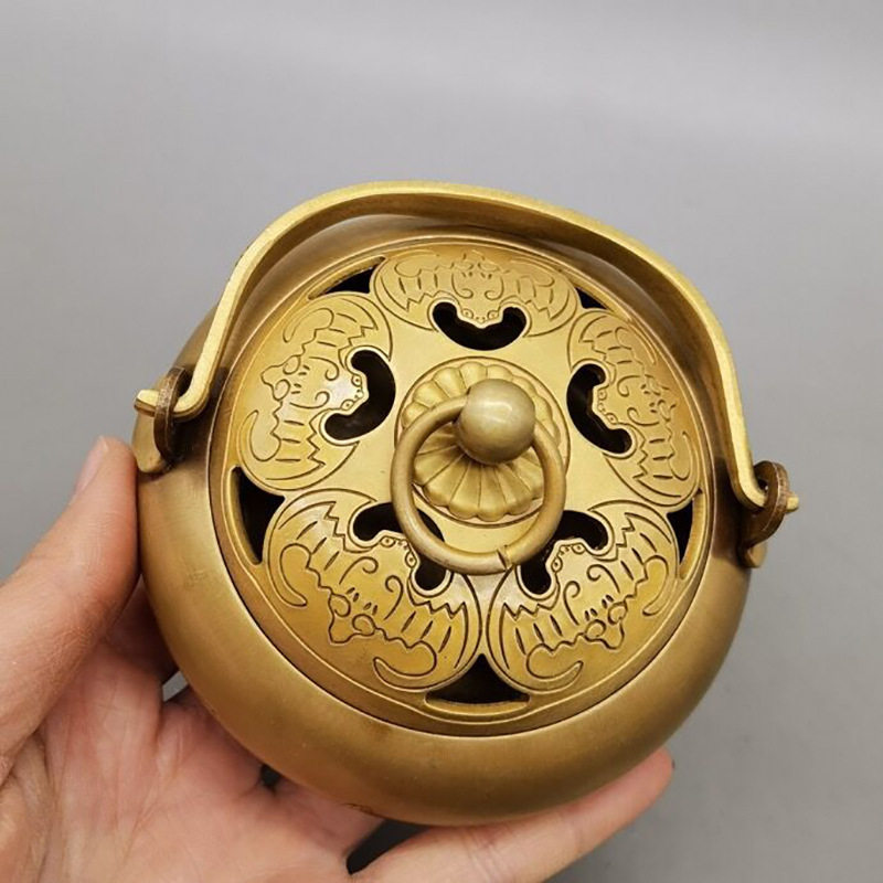 工厂销靚仿古黄铜手炉家居摆件古玩铜器收藏黄铜S熏香炉摆设工艺
