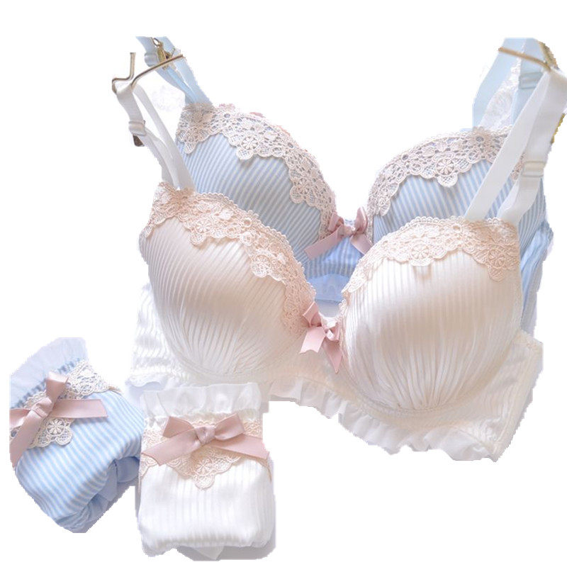 日系白色蓝色条纹无钢圈聚拢内衣薄模杯刺绣可爱少女甜美文胸套装