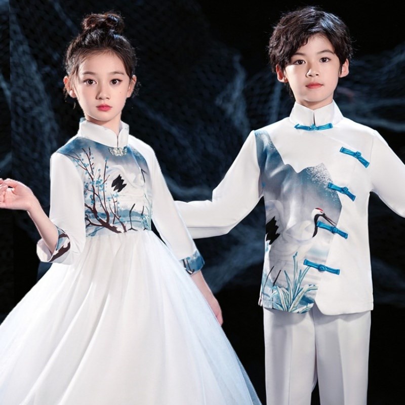 现货儿童古筝演出服小学生合唱服长袖中国风国学汉服大合唱团表演