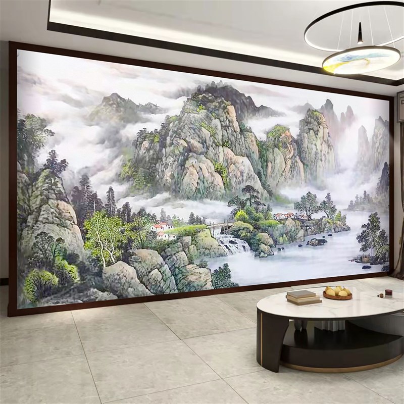 新中式电视背景墙壁布2023年新款山水墙纸客厅沙发卧室墙布壁画