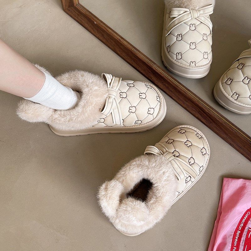 可爱兔耳棉拖鞋女秋冬新款加绒加厚防水网红毛绒包跟棉鞋可外穿