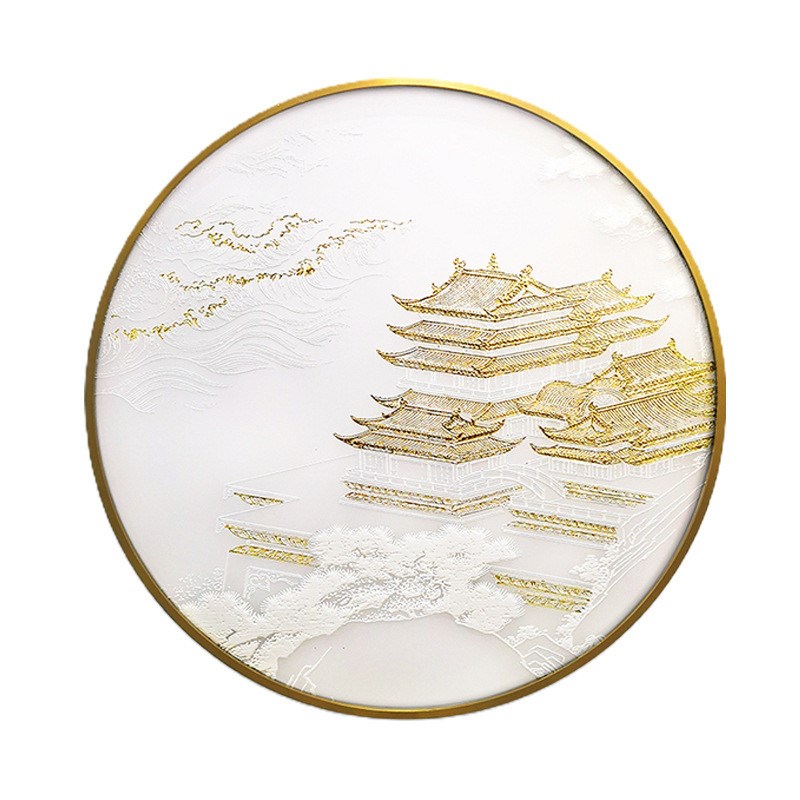 新中式玄关装饰画酒店圆形宫廷建筑挂画浮雕肌理立体金箔工艺画图片