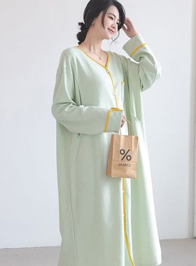 加大码纯棉哺乳开衫加长睡裙春秋胖孕妇睡衣怀孕期连衣裙产后喂奶