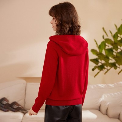连帽拉链开衫女100纯山羊绒衫秋冬针织带帽宽松帽衫带兜毛衣外套