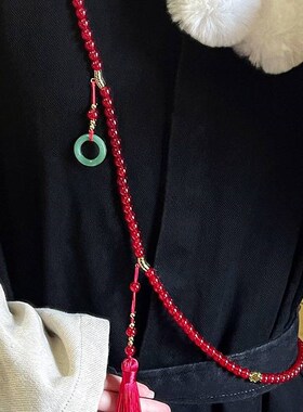 国风108颗绿色串珠子项链新中式古风长款毛衣链斜挎链旗袍配饰品