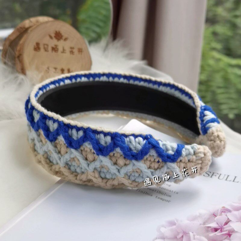 菱形花纹撞色发箍手织毛线高颅顶头箍日韩发饰高级感女孩绝美头饰