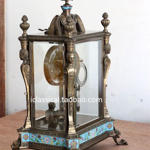 欧式客厅软装摆设纯铜机械仿古做旧双天使四柱美女精雕座钟铸铜钟