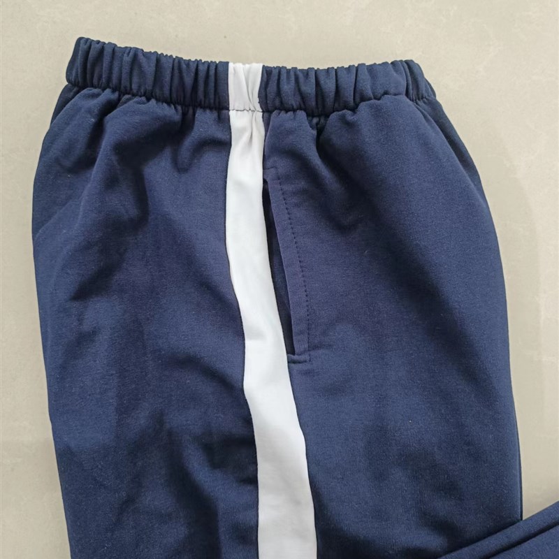 订做中学生男女校服长裤深藏蓝色白宽杠条纹紧口运动休闲校裤