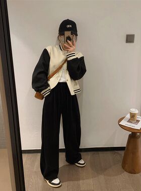 爱情魔鬼鱼 黑色撞色棒球服女2024秋季新款宽松休闲短款夹克外套
