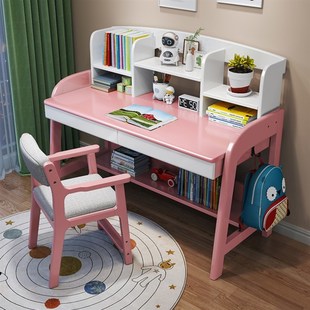 纯实木学习桌椅子一套家用卧室小学生书桌可升降儿童书桌带书架