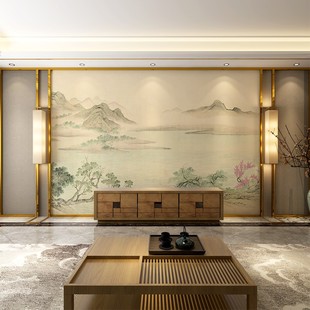 新中式 W饰影视墙壁 暖色电视背景墙纸壁纸客厅古典山水墙布卧室装