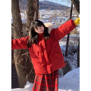 加厚甜美面包服外套 大码 女装 圣诞红超好看短款 羽绒棉服女胖mm冬季