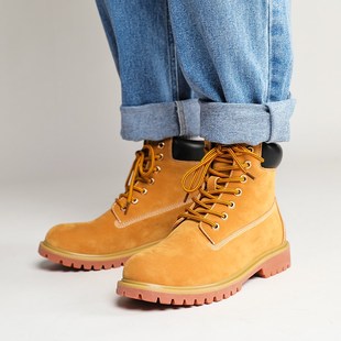 冬季大黄靴男马丁靴高帮英伦风工装鞋子中帮沙漠靴黄色加绒皮靴女
