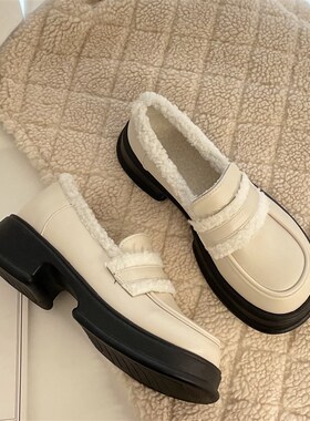 油桃Yoto白色加绒保暖小皮鞋女2023冬款一脚蹬保暖百搭学院风棉鞋