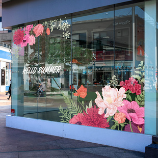 服饰店橱窗氛围布置春夏花卉植物玻璃贴纸静电贴膜 商场酒店女装
