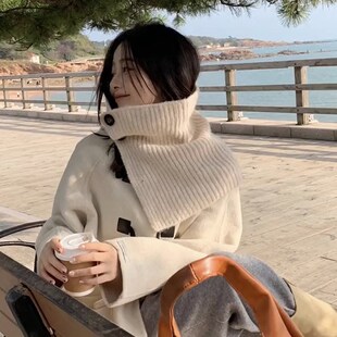 韩国小众设计感高领针织开叉围脖套头披肩女秋冬R保暖毛线围巾假