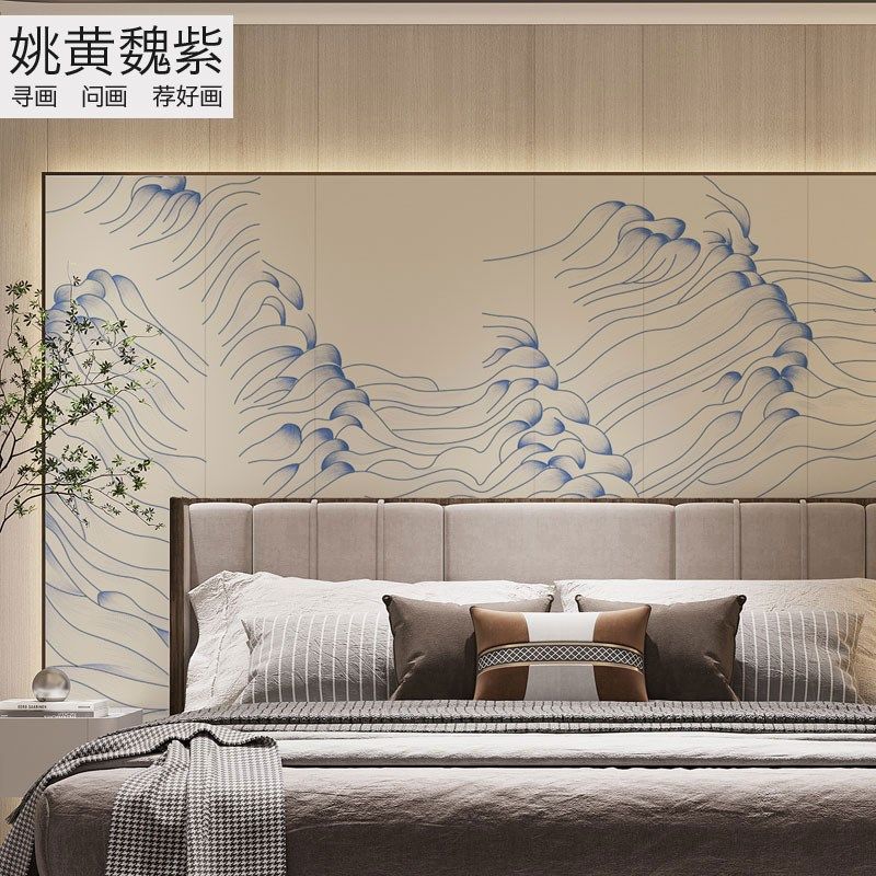 现代美学抽象水纹浪花整张刺绣墙布大宅床头硬包背景定制绣花壁布
