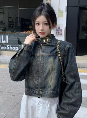 2024春季美式复古设计蓝色牛仔新款外套宽松百搭拉链短款上衣长袖