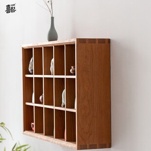 A4L黑胡桃实木壁挂置物架 上墙多宝阁墙面 茶室茶U具茶杯摆件收纳