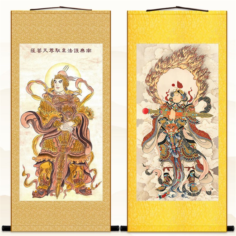 韦陀护法菩萨画像 韦驮尊天将军佛像画 佛堂卷轴挂画绢布材质