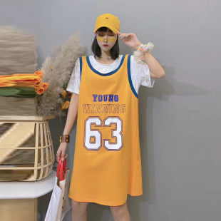 女装 假两件T恤背心连衣裙加大码 宽松显瘦200斤 新款 胖妹妹2020夏装