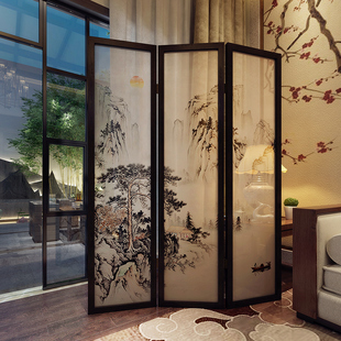 新中式 饰折屏 屏风隔断客厅卧室折叠移动玄关墙山水房间实木遮挡装