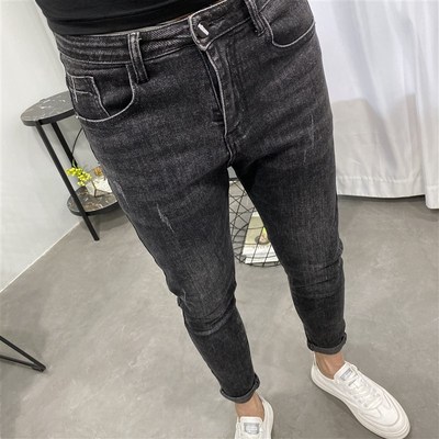 一条百搭的黑色小脚九分牛仔长裤C男潮新美式弹力中低腰微跨老爹
