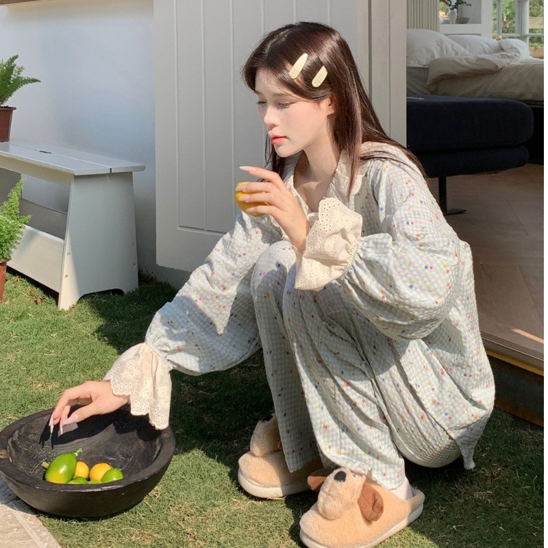 睡衣女春秋季长袖长裤q韩版甜美蕾丝碎花泡泡布家居服两件套装夏