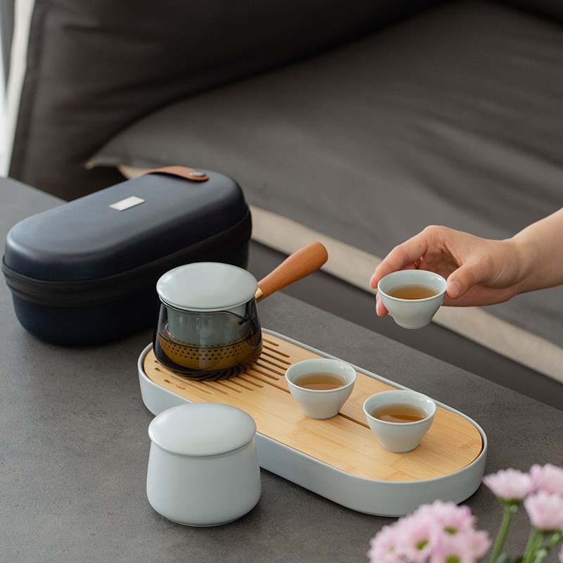 现货陶瓷旅行茶具便携泡茶壶带过滤户外露营茶器一壶三杯刻字礼品