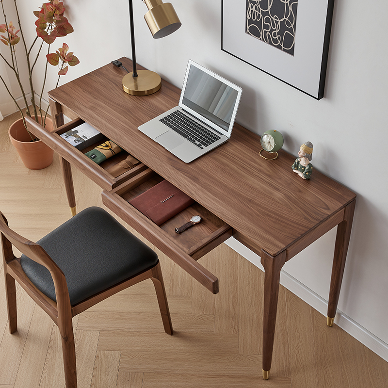 北欧实木窄书桌黑胡桃木学习桌日式原木梳妆台白橡简约电脑学习桌