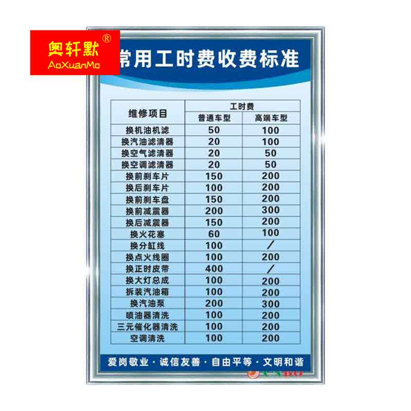 速发常用工时费收费标准 汽车修理厂4s店修车修理价目表标语上墙