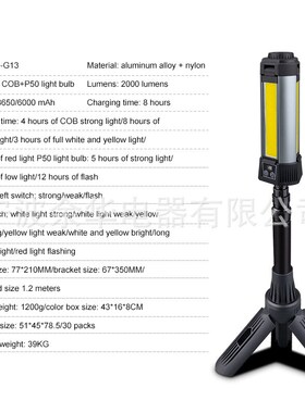 2024新款拉伸工作灯 LvED强光检修灯带磁铁多功能数字显示野营灯