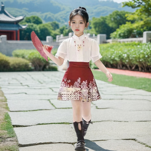 新品女童中式短款马面裙套装夏季2024新款M中大儿童表演国风汉服