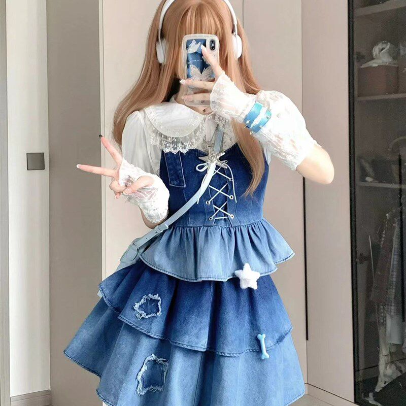 y2k裙子蓝色可爱牛仔吊带连衣裙女春秋夏季蛋糕蓬蓬短裙两件套装