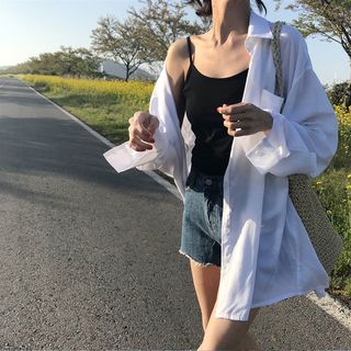 大码胖mm夏季白色薄款外穿长袖防嗮衬衫女宽松开衬小众中长款上衣