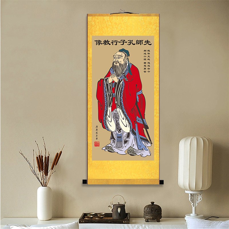 孔子画像蓝衣孔子挂画学校教室书房挂画装饰画丝绸画卷轴儒家文化