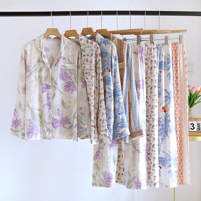 绸睡衣女长袖春夏薄款冰感绵绸家居服宽松网红开衫人造棉套装