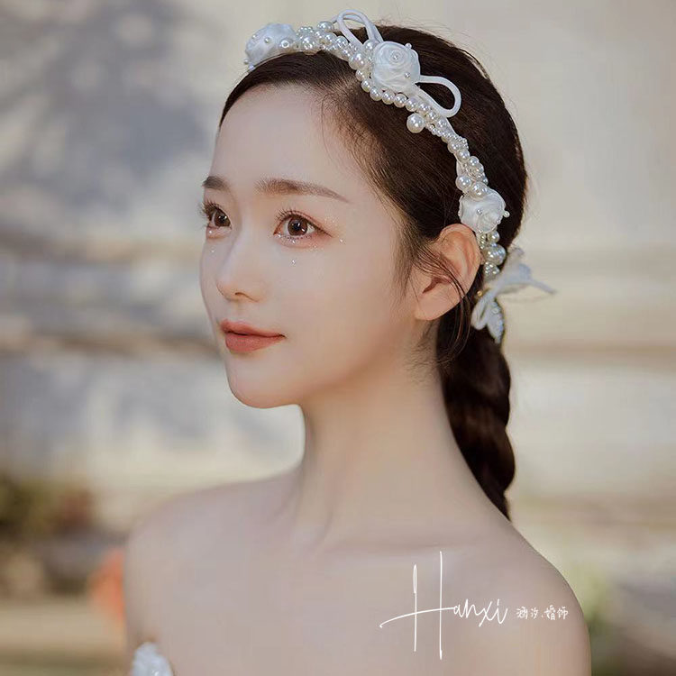 新品新款缎面花苞串珠发带发箍蝴蝶发夹套装新娘结婚头饰写真礼服