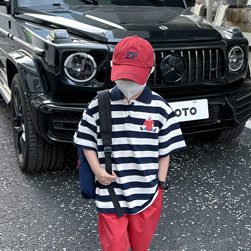 熊猫圆圆男大童polo衫短袖t恤2024新款儿童夏季上衣男孩条纹夏装