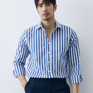 意式 衬衣 2024夏季 经典 正装 白条纹长袖 男士 新款 一字领商务条纹衬衫