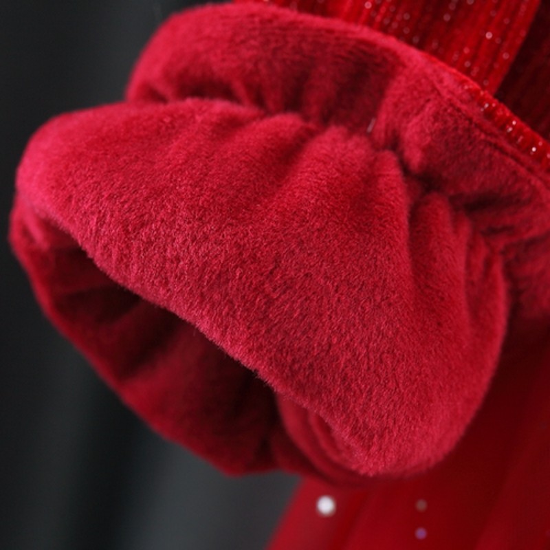 女童洋装b冬季加绒2023新款洋派红色新年裙子小童公主裙周岁礼服