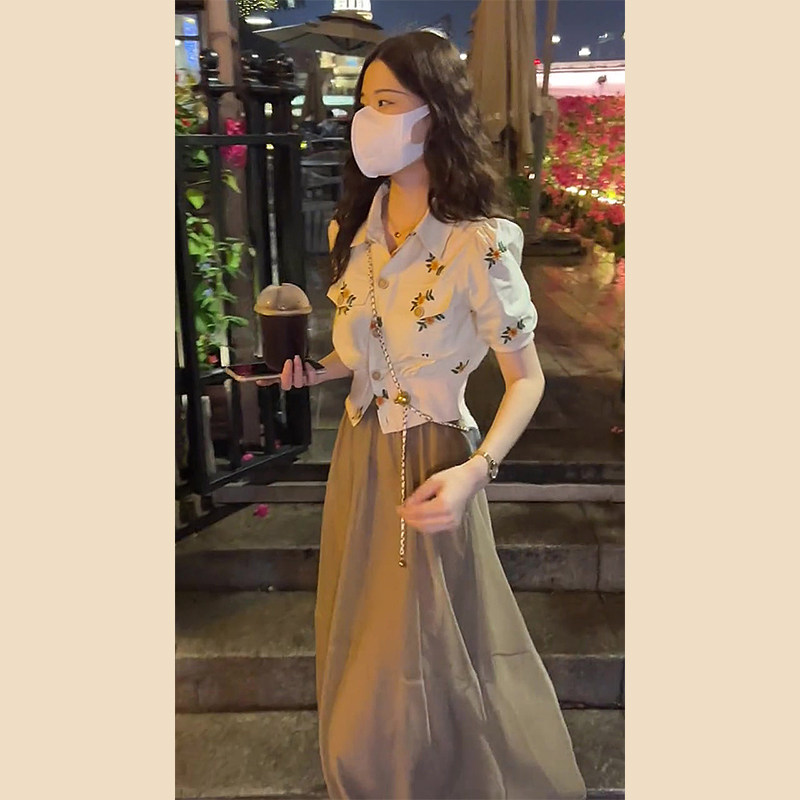欧洲站夏季轻熟风港味气质高级感短袖碎花衬衫半身裙休闲两件套装