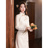 Ocnltiy 加厚收腰蕾丝连衣裙女 秋冬新款 烟雨p蒙蒙 复古改良旗袍