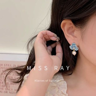 「蓝色大溪地」法式复古温柔蓝色鸢尾百搭温柔风度假珍珠耳环耳夹