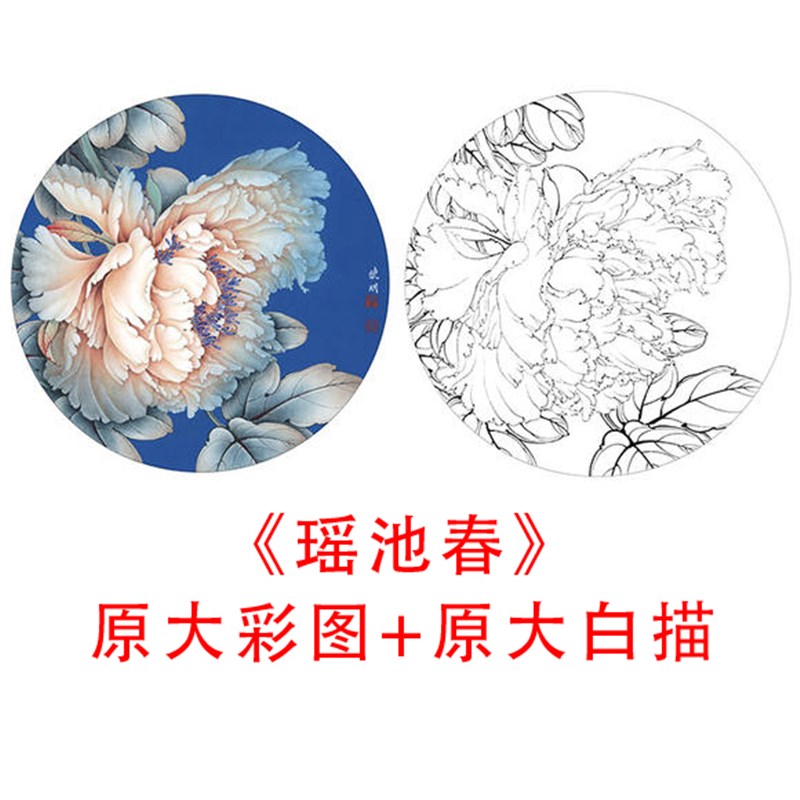 牡丹小品白描底稿李圆实晓扇瑶池春线描临摹明X物打印稿85