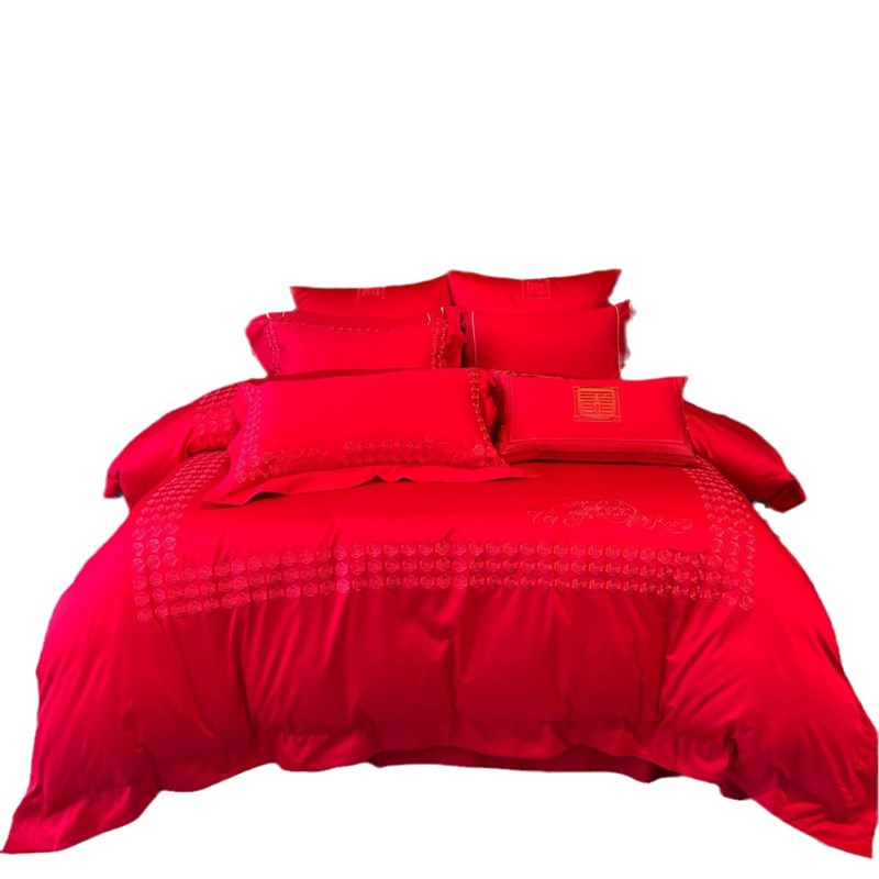 婚庆四件套婚嫁新婚床品喜事用品红色全棉被套玫瑰花刺绣婚房婚床