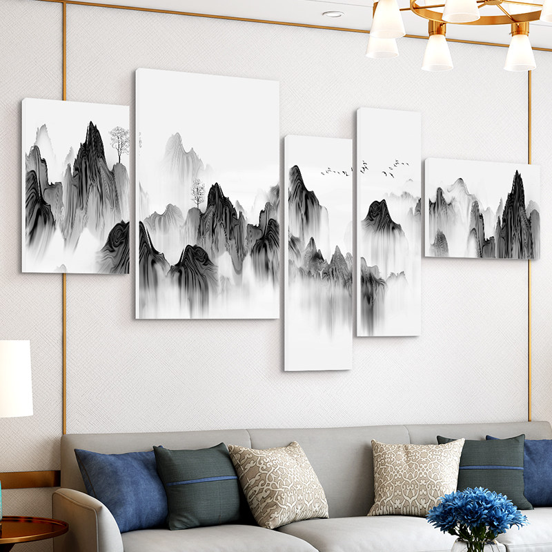 客厅挂画黑白灰山水画水墨画中式沙发背景墙装饰画办公室茶室壁画